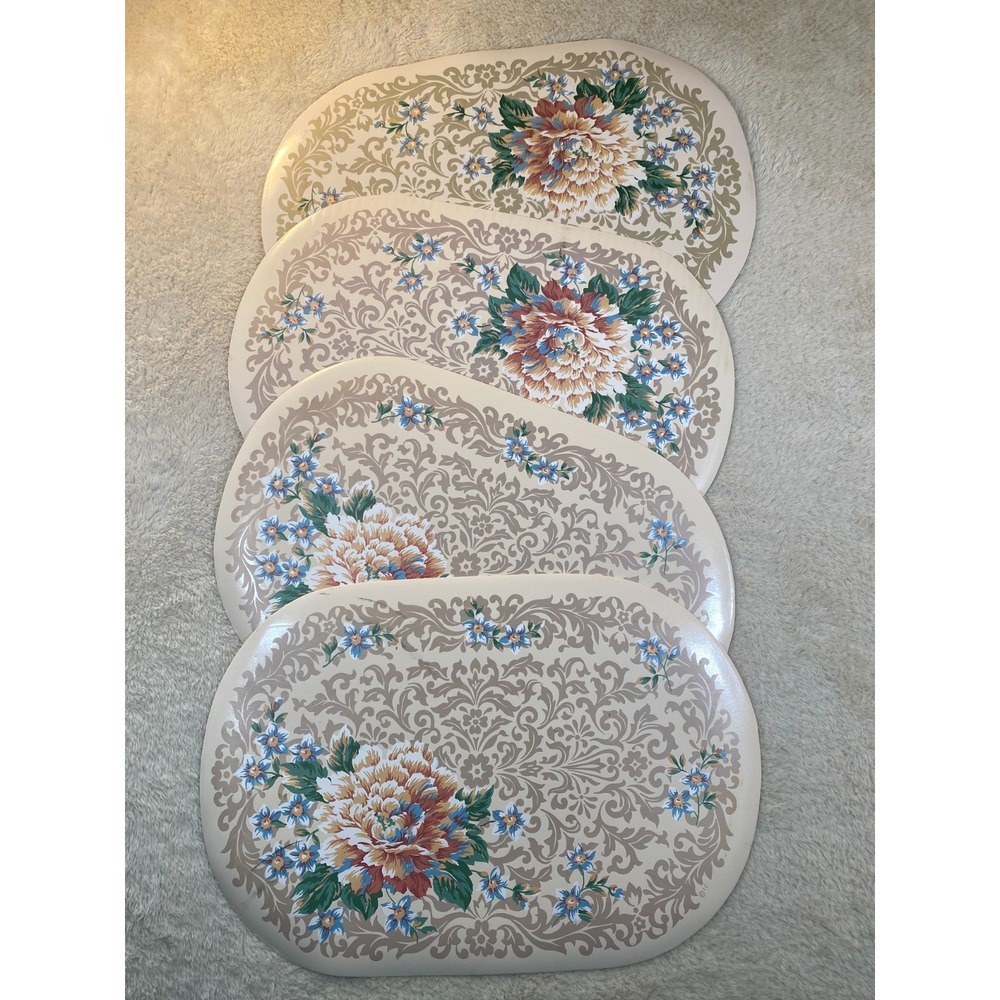 Vntg Vinyl Foam Placemats SET of 4 Oval flowers grandma core